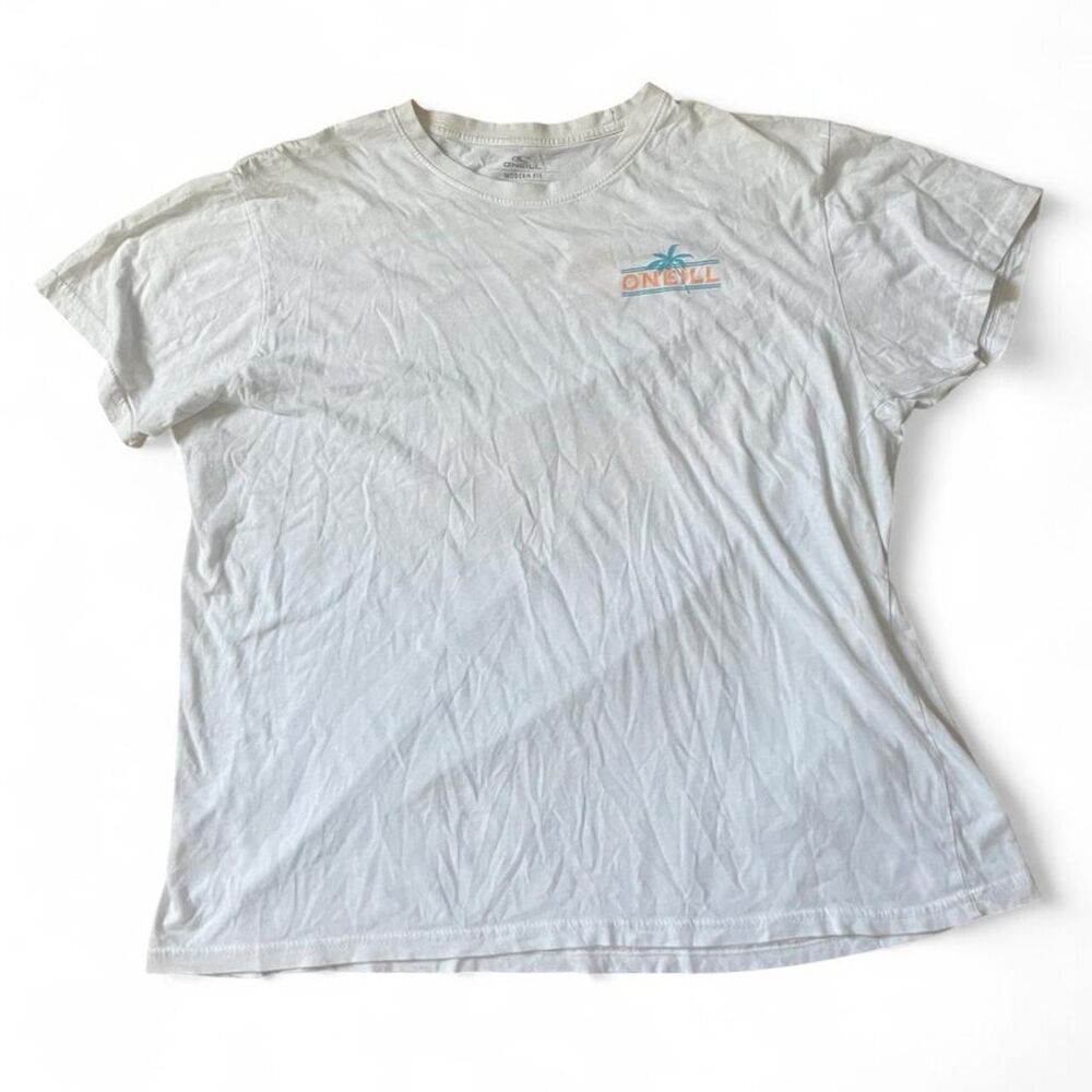 O' Neill Men's White and Blue Waves Palm Trees T-shirt SZ XL